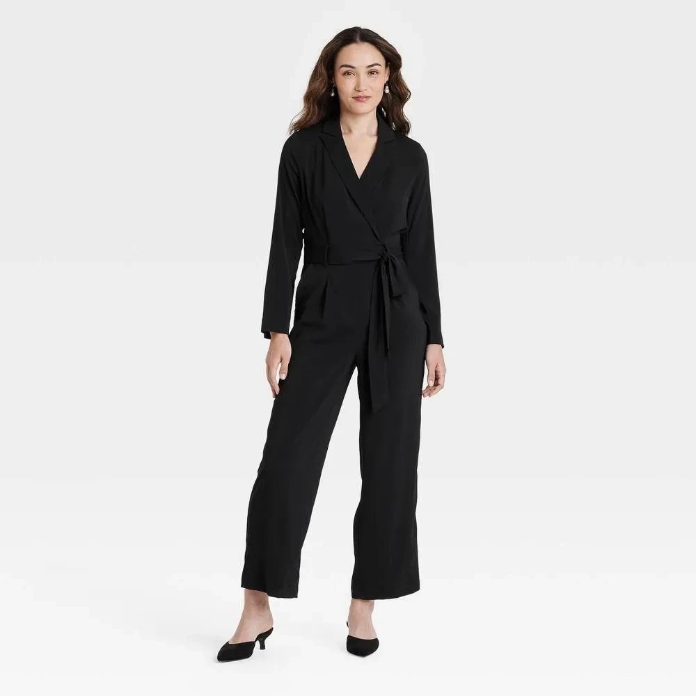Top. Women's Long‎ Sleeve Wrap Front Jumpsuit - A New Day Black M